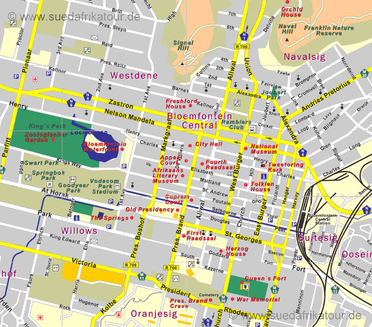 Stadtplan von Bloemfontein in der Provinz Free State / Sdafrika