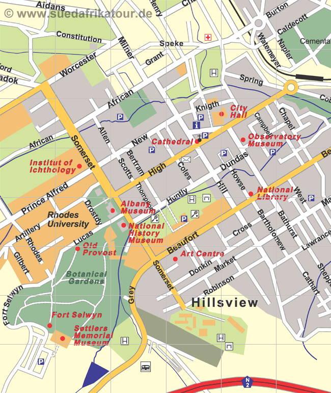 Stadtplan der Innenstadt von Grahamstown im Eastern Cape / Sdafrika